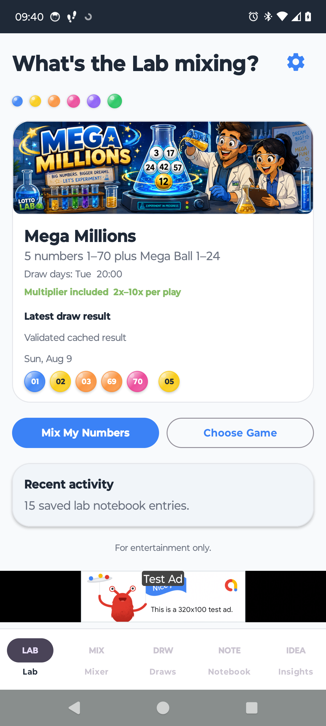 Lotto Lab application screenshot