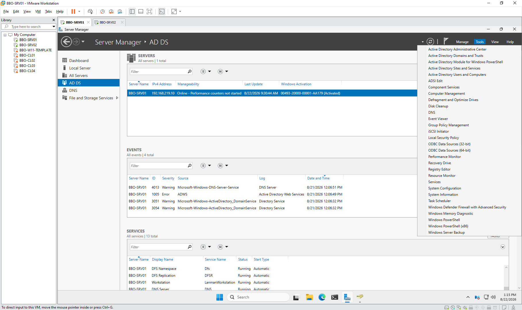 Windows Server 2025 Server Manager with Active Directory Domain Services